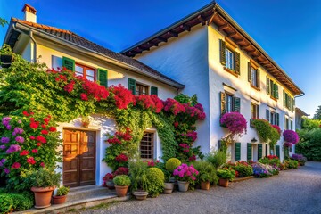 Obraz premium Historic White Building, Blue Sky, Lush Greenery, Architectural Elegance