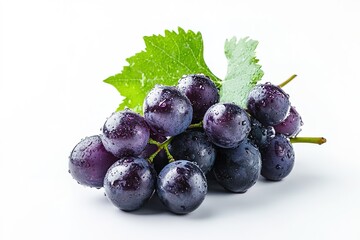 Fototapeta premium A whole bunch of vibrant purple grapes with dew drops, placed on a pristine white background for a fresh look.