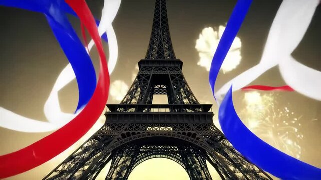 Eiffel Tower Celebration with Ribbons and Fireworks. Bastille Day, Holiday Background