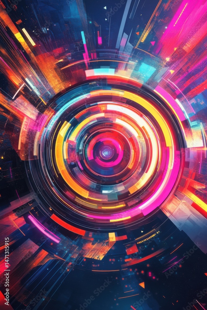 Aufkleber Abstract Circular Data Stream Bursting with Vibrant Color and Energy from a Low Angle Perspective