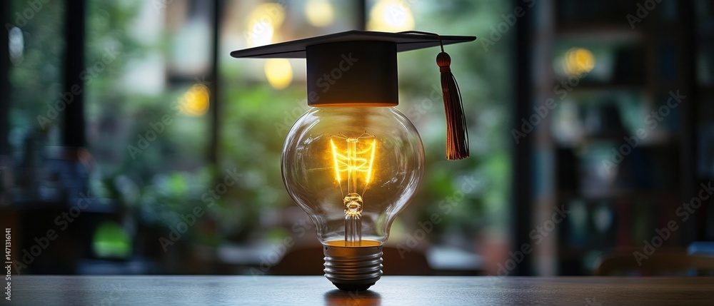 Poster lightbulb with graduation cap on table symbolizing education and new ideas in a bright room close up