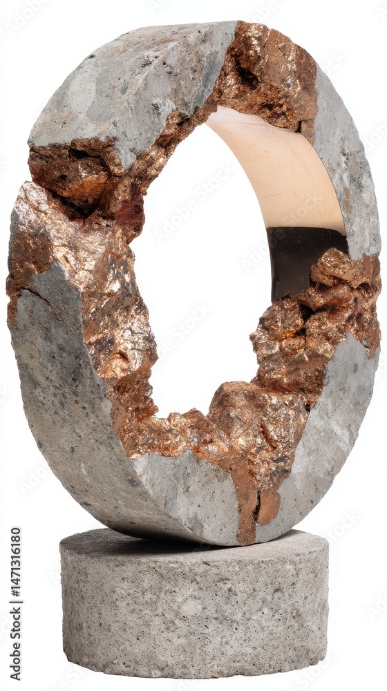 Poster concrete and copper sculpture on pedestal studio shot abstract art object circular shape artistic de
