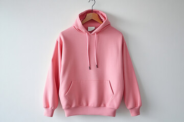 Soft Pink Hoodie Hanging Neatly on Wooden Hanger Against Minimalist White Wall