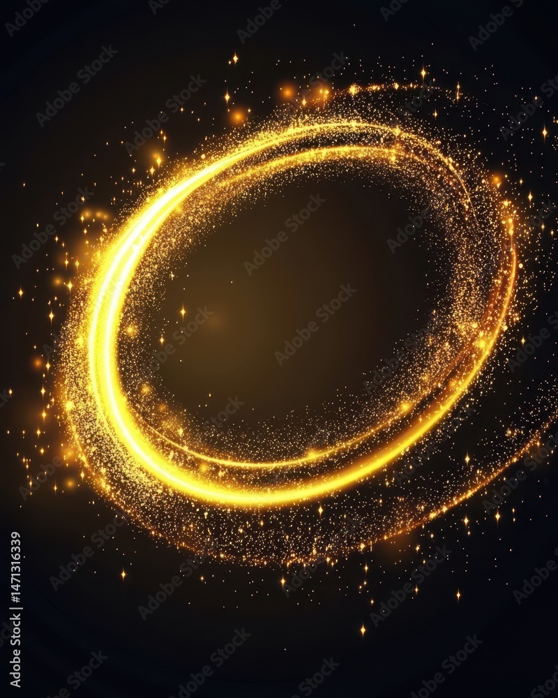 Fototapete Golden light trail swirls in a dynamic abstract composition on a dark background creating a magical and ethereal effect with sparkling particles