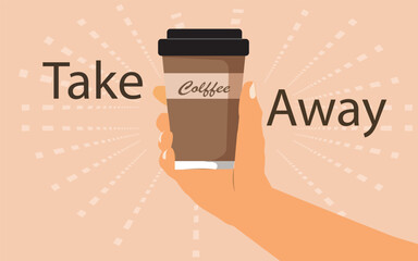 Take away retro illustration of vintage stylized  male hand holding a cup of hot Coffee paper isolated on light brown background. vector