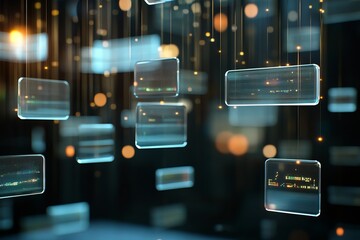 Floating Transparent Digital Code Panels with Futuristic Glowing Interface