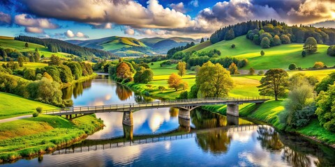 Idyllic River Landscape Bridge Green Hills AI Art