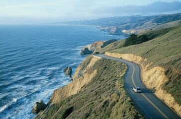 Aerial view of scenic coastal road with a car driving along