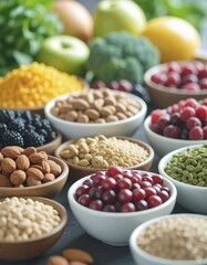 Fototapeta premium Selection of healthy food. Super foods, various fruits and assorted berries, nuts and seeds