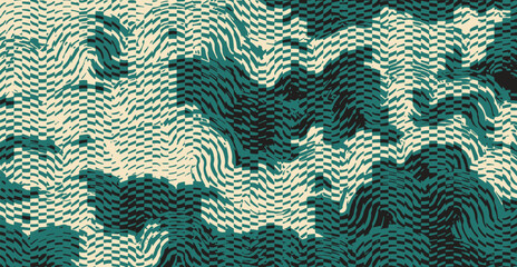 Fototapeta premium Crafted hand drawn brush lines abstract distorted waves and water glitch pattern, Japanese and ethnic experimental check, irregular graphic for textile, fashion, carpet