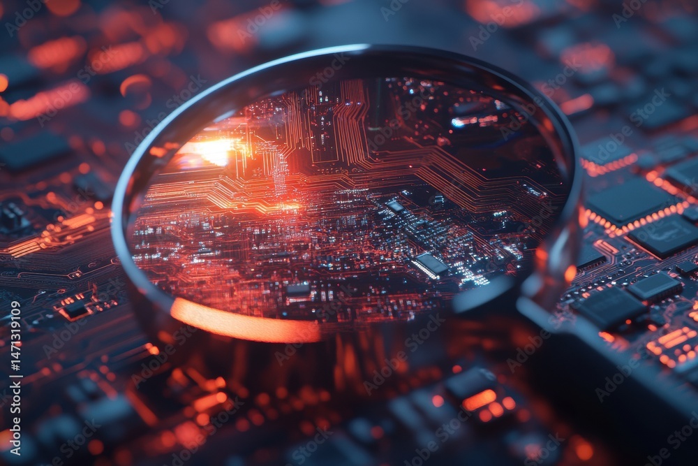 Poster magnifying glass inspecting illuminated circuit board close up abstract technology concept futuristi