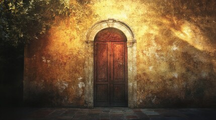 Old Wooden Door Golden Wall Mysterious Entrance Vintage Italy Sunlight Archway History Secret