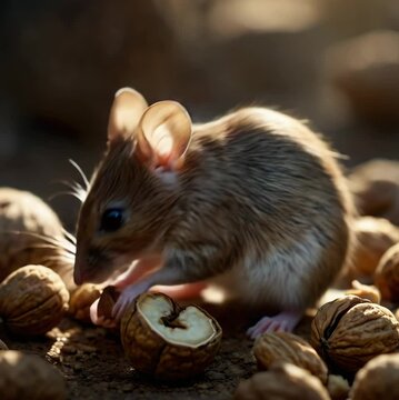 Adorable Mouse Eating Walnuts in Natural Sunlight