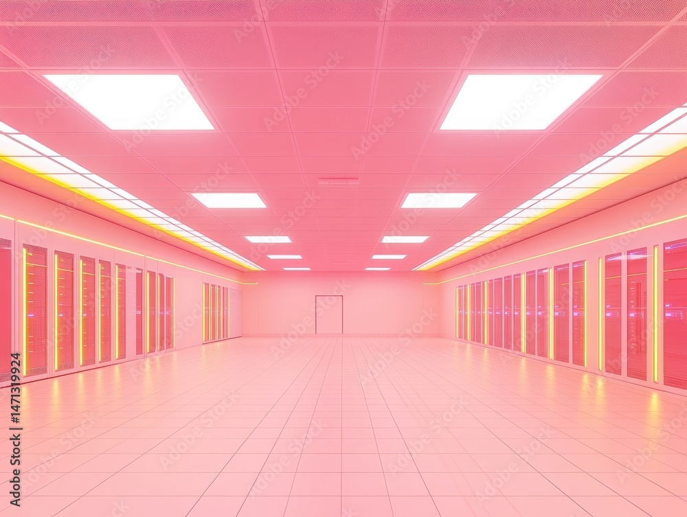 Poster Pink data center room perspective with servers racks and bright ceiling lights in a modern high tech facility for cloud computing