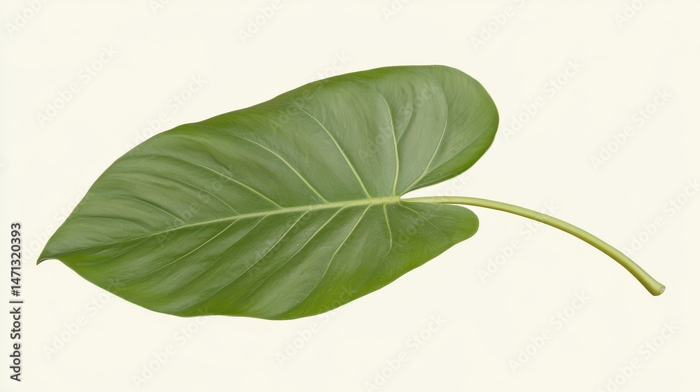 Poster studio shot of a single philodendron leaf, showcasing its vibrant green color and smooth texture on 