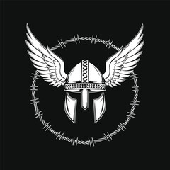 Winged Viking Helmet with Barbed Wire Circle – Warrior Symbol Vector Illustration