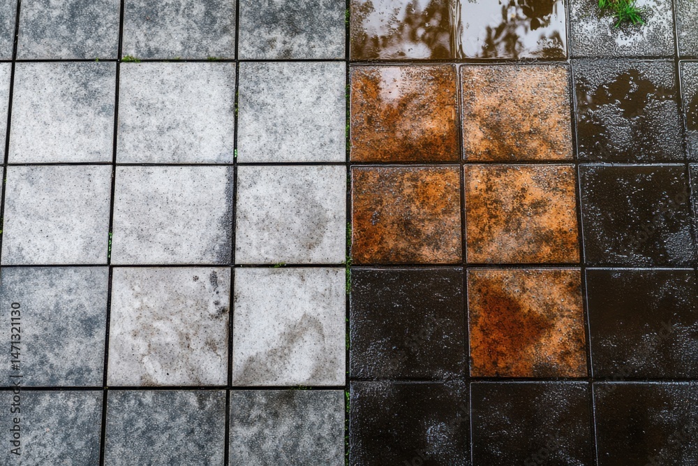 Poster wet and dry concrete pavers forming a patterned surface view from above on a rainy day in the city