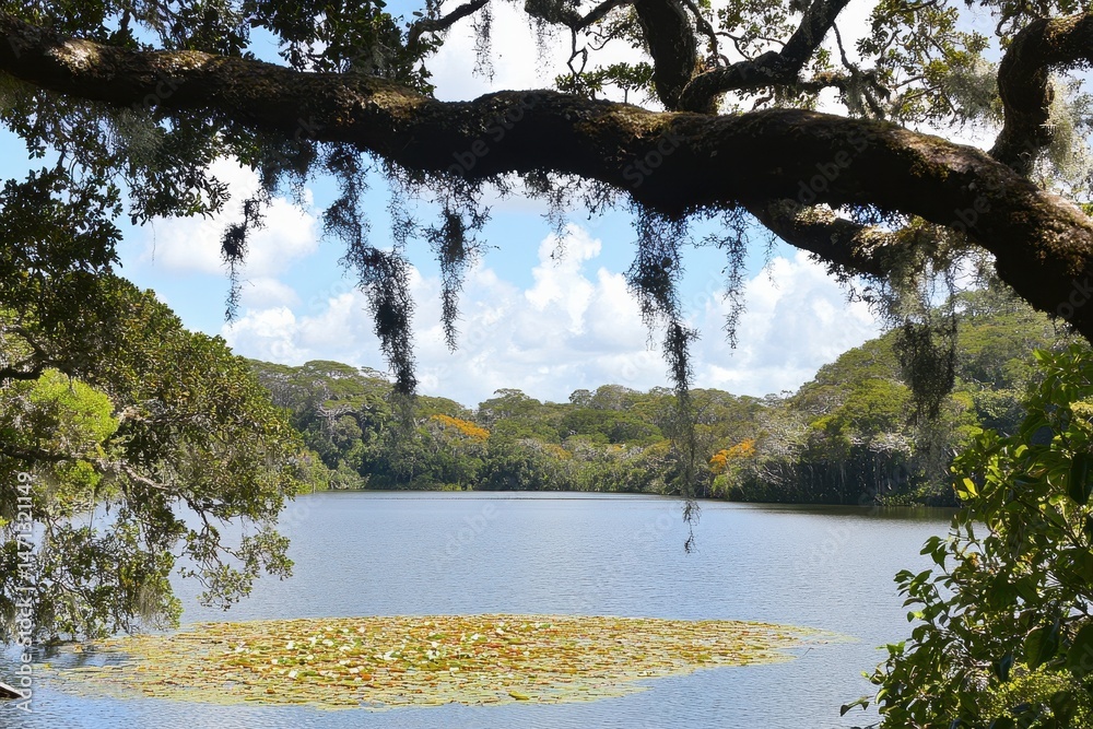 Poster serene lake scene with spanish moss draped tree branches in foreground at mauritius island