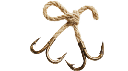 Fishing Hook Tied with Rope Isolated on White Background for Outdoor, Sports, and Fishing Design Concepts
