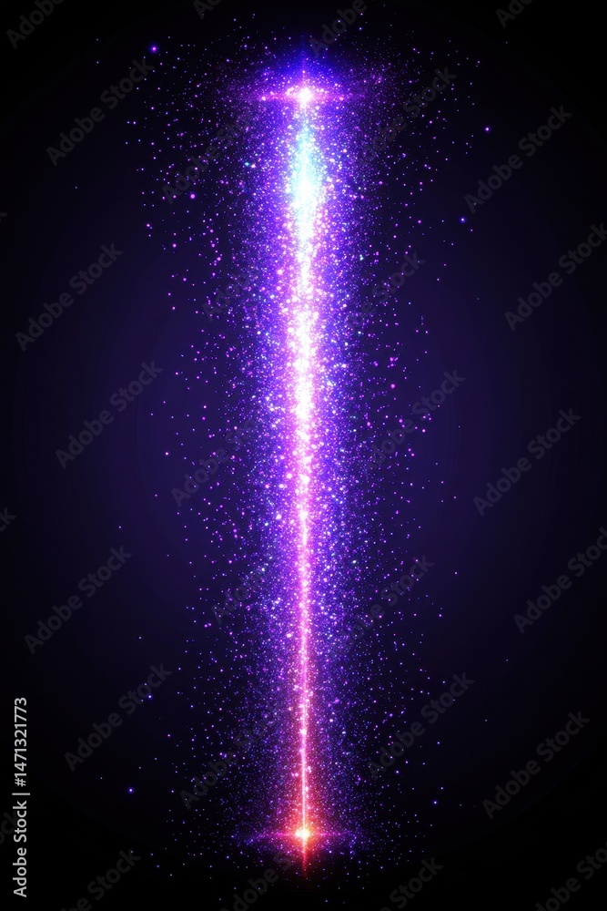 Poster abstract purple light beam ascending with sparkling particles on dark background vertical perspectiv