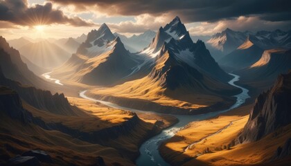 Serene mountain valley at golden hour. Winding river cuts through dramatic peaks, bathed in warm sunlight