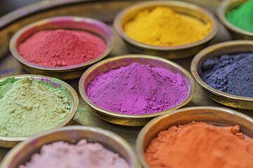 Naklejka premium A close-up of Holi powders in neat sections, each one a different color, resting on a traditional brass tray
