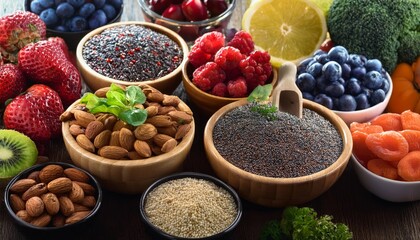 Selection of healthy food. Super foods, various fruits and assorted berries, nuts and seeds