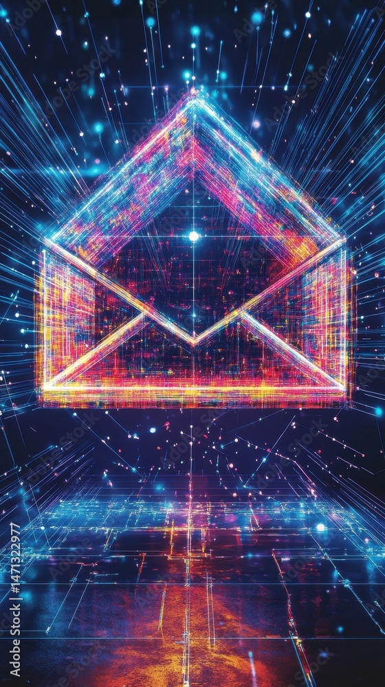 Poster Digital Email Communication Concept with Glowing Lines and Particles; Abstract Technology Illustration; Vertical Composition