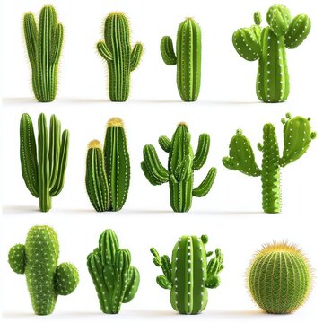 Cactus Collection on White Background Studio Shot showcasing Desert Plants and Succulents in a Variety of Shapes and Sizes