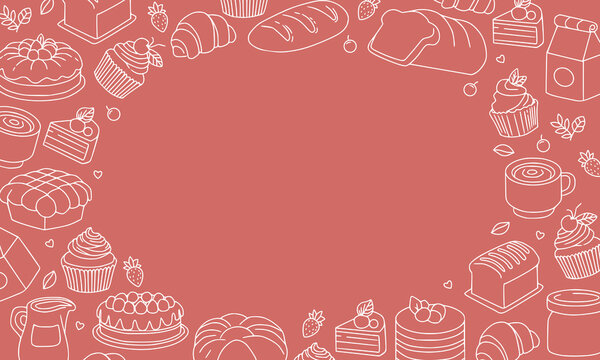Cake and bakery doodle hand drawn background. Peach background with doodles frame