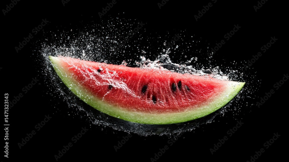 Poster watermelon slice splash on black background close-up studio shot refreshing summer fruit healthy foo
