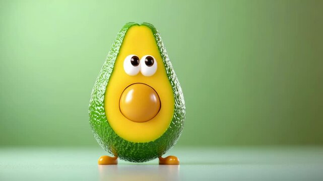 Cartoon avocado with big eyes stands on a green background. The avocado is smiling and he is happy