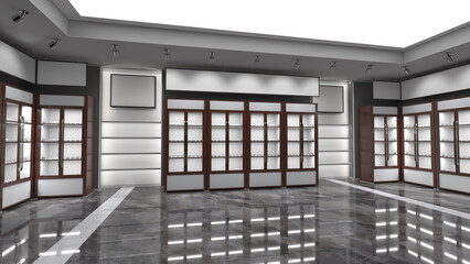 Fototapeta premium Shop interior with wooden display cases, white niches with shelves, lightbox and lighting, hanging banners and marble floor. 3d illustration