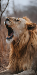 Naklejka premium Majestic Lion Roaring at Sunrise in the Savannah