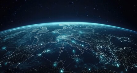 Obraz premium Europe's interconnected network at night, viewed from space, showcasing city lights and data flow