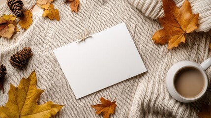 Blank Card, Coffee, Fall Leaf, Pine Cone on Knitted Sweater