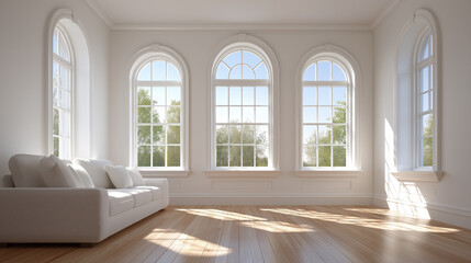 Obraz premium Minimalist eco-friendly living room with large windows, natural light illuminating wooden floor, white sofa, and greenery outside, creating a serene and sustainable interior atmosphere