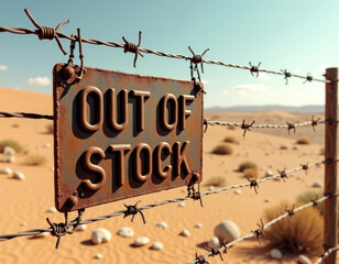 Out of stock sign on barbed wire fence in desert landscape for scarcity concept