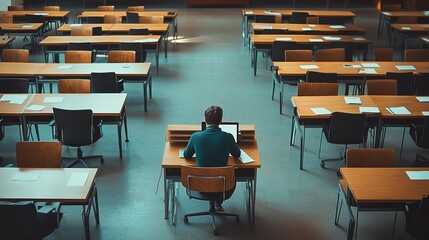 Student Studying Alone in a Quiet Library Focused on Research and Learning