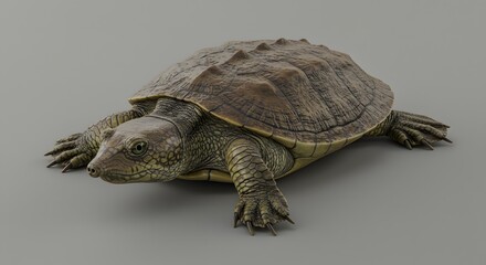 Fototapeta premium Softshell Turtle Resting Brown Shell on Gray Background