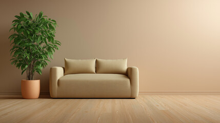 Fototapeta premium Minimalist eco-friendly living room featuring a beige sofa and a potted plant against a warm wall, embodying sustainable interior design and decluttered lifestyle