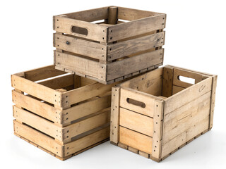 Three empty, wooden crate boxes are arranged on a white background. Three wooden crates are stacked on top of each other. with two boxes stacked on top of each other.