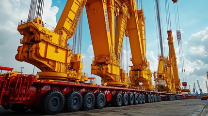 Large, heavy-duty crane and transport vehicle in port.