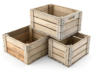 Three empty, wooden crate boxes are arranged on a white background. Three wooden crates are stacked on top of each other. with two boxes stacked on top of each other.