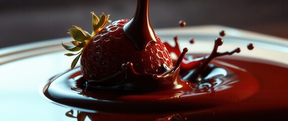 Strawberry splash: A sweet collision of fruit and confection. Chocolate cascading onto a ripe berry.