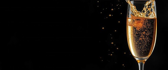 Elegant drink in a tall glass, splashing and bubbly on a black background, perfect for celebrations.