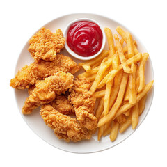 Plate of crispy chicken tenders and French fries, top view, isolated on transparent background --v 7.0