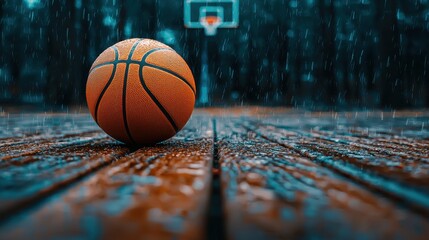 Wet Orange Basketball on Rain Soaked Wooden Court at Night