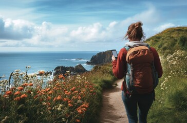Backpacker walking along coastal cliff path with phone