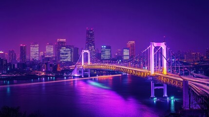 Naklejka premium Night cityscape, illuminated bridge